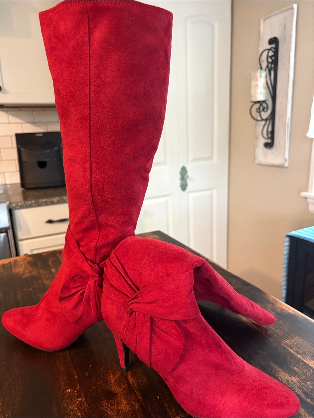 Women’s Red Over-the-Knee Suede Boots with Decorative Knot